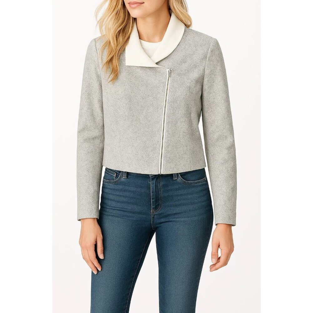 1.State Womens Full-Zip Moto Jacket White & Gray Long Sleeves Lined Size Large